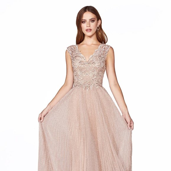 NEW LONG A-LINE DRESS MADE OF METALLIC CREPE & EMBROIDERED WITH LACE CD HT011